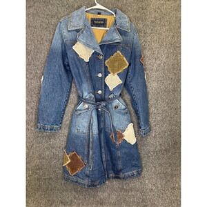 Steve Madden Patchwork Denim Trench Coat Blue Corduroy Belted Jacket L y2k